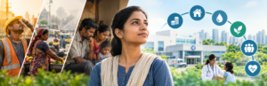 Community healthcare in India highlighting medical access, environmental health risks, clean water, sanitation and public well-being.