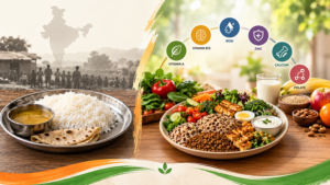 Food security versus nutrition security in India, illustrating the importance of balanced diets and essential nutrients.