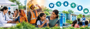 Community healthcare initiatives showing preventive care, clean water, sanitation and public health awareness in India.